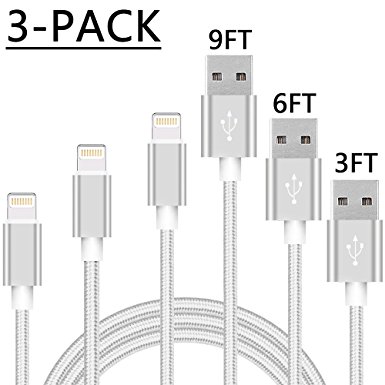 Lightning Cable 3Pack 10FT Nylon Braided Certified iPhone Cable USB Cord Charging Charger for Apple iPhone X, 8, 7, 7 Plus, 6, 6s, 6 , 5, 5c, 5s, SE, iPad, iPod Nano, iPod Touch (GreyWhite)