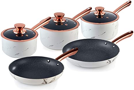 Tower Frying Pan and Saucepan Set, Rose Gold Marble Effect, Non-Stick Coating and Aluminium Body, White, 5 Piece