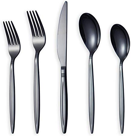 HOMQUEN 20 Piece Black Flatware Set, Stainless Steel Silverware Set, Titanium Black Cutlery Set, Service Set for 4 (Shiny Black)