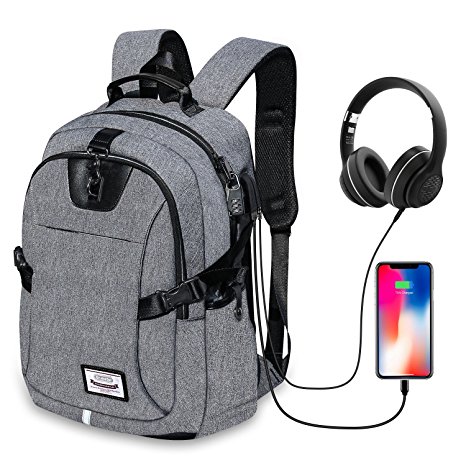 Dr.meter Business Laptop Backpack, Anti Theft Waterproof Travel Laptop Backpack with USB Charging Port & Headphone interface for College Travel Backpack designed for 17-inch Notebook, Grey