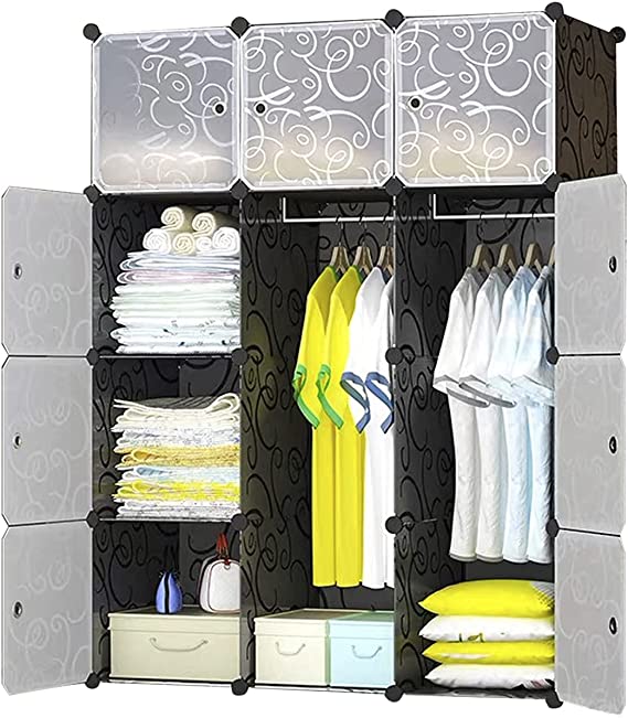 BRIAN & DANY 12-Cube Clothes Closet, Plastic Wardrobe with Doors & 2 Hangers, Deeper Cubes than Normal (45 cm vs. 35 cm) for Larger Capacity