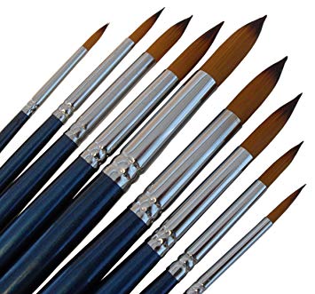 ARTIST PAINT BRUSHES - R - Professional Quality Black Tip, Golden Nylon, Long Handle, Round Paint Brush Set - Ideal for Watercolor Painting and Gouache Color Painting, and Equally Useful for Acrylic Painting and Oil Painting. - The Natural Characteristics of the Golden Nylon Offers Excellent Liquid Holding Capacity and an Easy, Smooth Flow of Paint. The Fine Round Head Paintbrushes Have a Luxurious Feel and Excellent Durability, Whilst Good Shape Holding Properties.