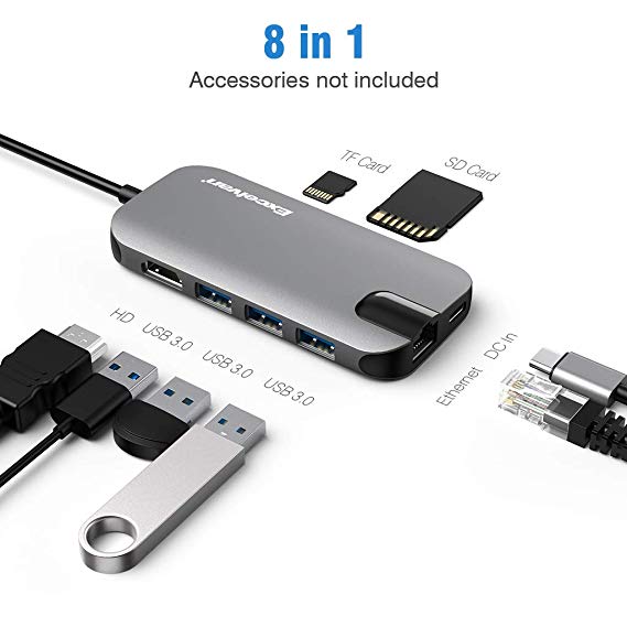 USB C Hub, Type C Hub Adapter, 3 USB 3.0, HDMI 4K Output, SD Memory Port, Micro SD Card Reader, 1000Mbps Ethernet 8 In 1 Aluminum Compatible for MacBook and Windows PC