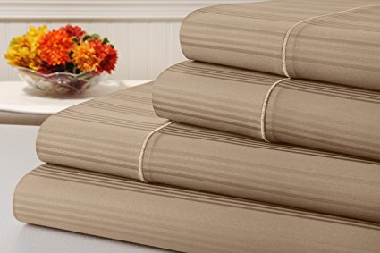Kathy Ireland 400 Thread Count 100% Cotton Stripe Bed Sheet Set, Full Bed Sheets 4 Piece Set, Long-staple Combed Pure Natural Cotton Bedsheets, Soft & Silky Sateen Weave by Home (Full, Khaki)