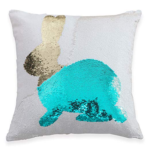 Cassiel Home Easter Sparkly Rabbit Easter Throw Pillow Cover Reversible Sequin Mermaid Embroidery Fun Gift 18×18 inch, Teal and Gold