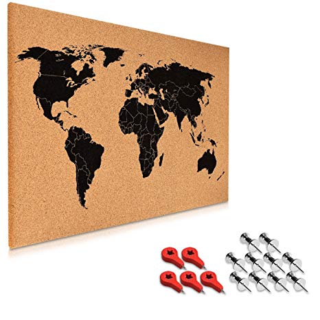 Navaris Cork Board World Map - 16 x 24 in Bulletin Board with Printed Country Design for Kitchen, Classroom, Home, Office, Bedroom - Includes 15 Pins