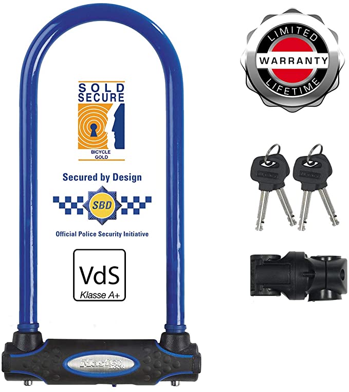 Master Lock Heavy Duty Bike D Lock [Key] [Universal Mounting Bracket] [Certified Bike Lock] [Long Shackle] [Blue] 8195EURDPROLWB - Ideal for Bike, Electric Bike, Mountain Bike, Road Bike, Folding Bike