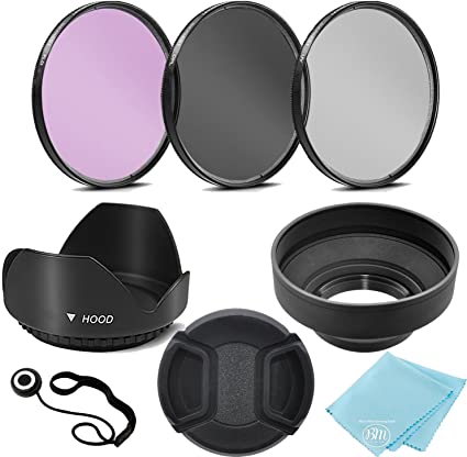 3 Piece Filter Kit (UV-CPL-FLD)   Tulip Lens Hood   Soft Rubber Hood   Lens Cap   for Select Canon, Nikon, Sony, Olympus, Panasonic, Fuji, Sigma SLR Lenses, Cameras and Camcorders (55MM)