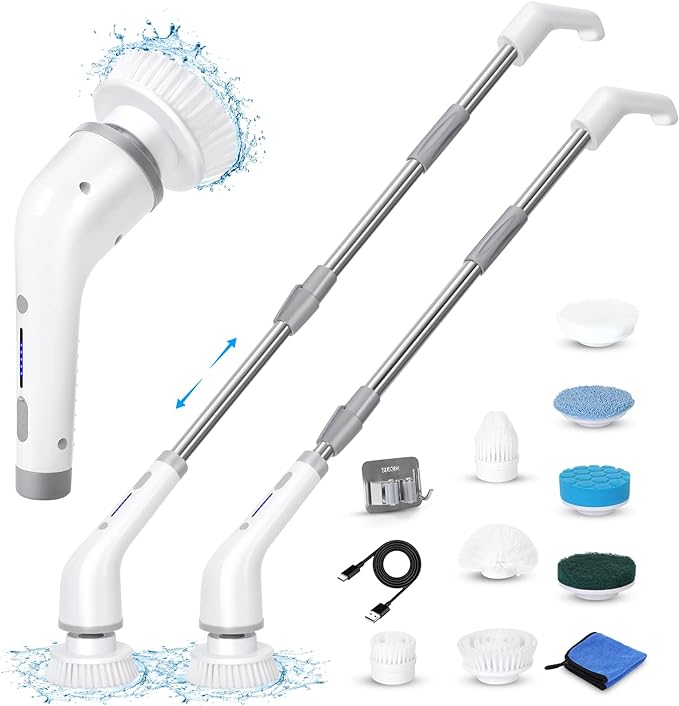 Electric Spin Scrubber, Up to 450RPM Cordless Cleaning Brush with 2 Speeds & 8 Replaceable Brush Heads, 51 Inch Shower Power Scrubber with Adjustable Extension Arm for Bathtub Tile Floor Sink(White)