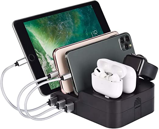 KeyEntre 6 Port USB Charging Station Multi Device USB Charging Dock Station HUB Desktop Charger Stand Organizer Compatible for iPhone ipad Airpods pro iwatch Kindle Tablet Multiple Devices, Black