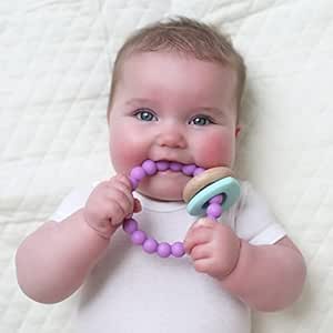 Nuby Natural Wood & Silicone Teether: 3 M , Heart Bracelet, Pink