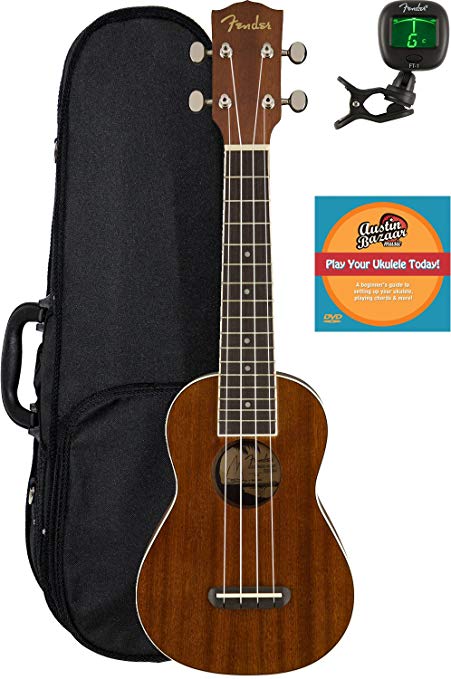 Fender Seaside Soprano Ukulele Bundle with Hard Case, Tuner, and Austin Bazaar Instructional DVD