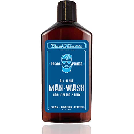 BushKlawz Man Wash 13.5oz Pacific Prince All in One Hair Beard & Body Shampoo Conditioner Beard & Body Wash