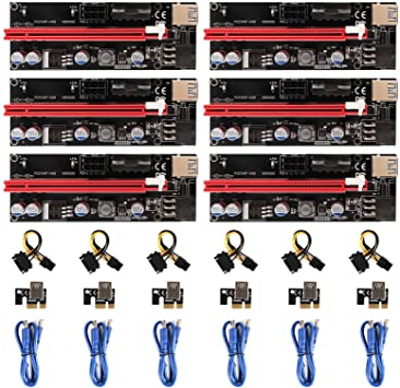 VOLADOR PCI-E Riser 009S, 16X Extender PCIE Riser 6-Pin USB 3.0 Cable Graphics Card Extension Cable GPU Riser Adapter for Bitcoin Litecoin ETH Coin Mining - 6 Pack