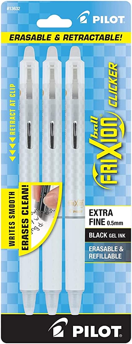 Pilot FriXion Ball Clicker Erasable White Pen, Extra Fine, 0.5 mm, Black Gel Ink, 3 Pack (13632)