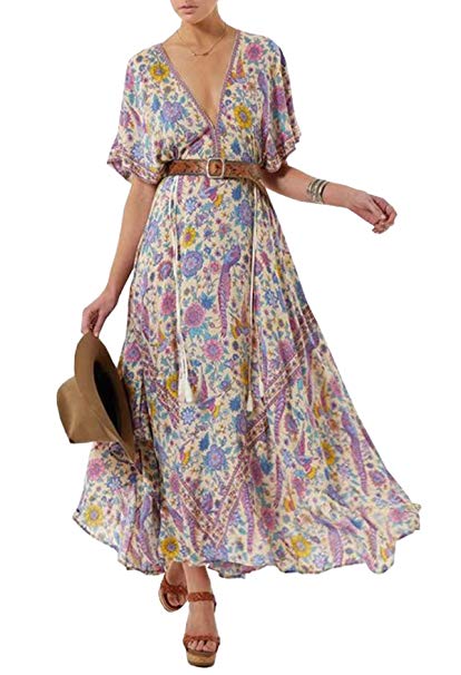 R.Vivimos Women Summer Print Deep V Neck Cotton Beach Long Dresses