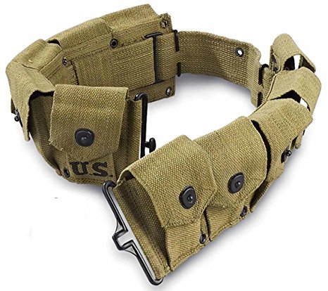 Ultimate Arms Gear M1 M-1 Garand Rifle U.S. Military WWII Reproduction OD Olive Drab Green 10 Pocket Utility Pouch Cartridge .30-06 Ammunition Rounds Ammo Tool Heavy Duty Canvas Waist Belt