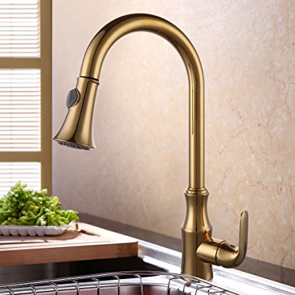 KES Brass Pull Down Kitchen Faucet Modern Single Large Tall Commercial Pullout Bar Sink Faucet with Swivel High Arc Gooseneck Pulldown Sprayer Head Polished Gold Finish, L6936-4