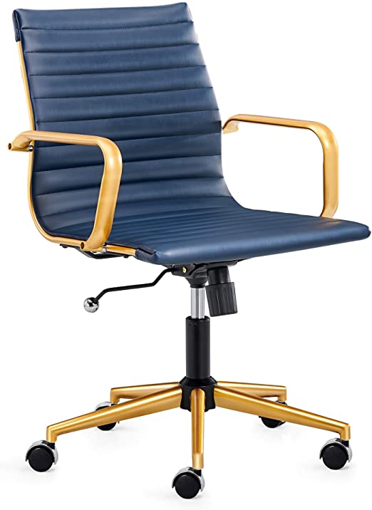 LUXMOD Gold Office Chair in Blue Leather, Mid Back Office Chair with Armrest, Gold and Blue Ergonomic Desk Chair for Back & Lumbar Support, Modern Executive Chair - Blue