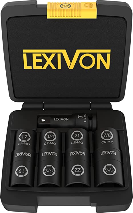 LEXIVON Lug Nut Impact Socket Set, 1/2-Inch Drive | Innovative 8-IN-4 Flip Socket Design, Covers Most Commonly Used Inch & Metric Wheel Nuts | Cr-Mo Steel = Full Impact Grade (LX-110)