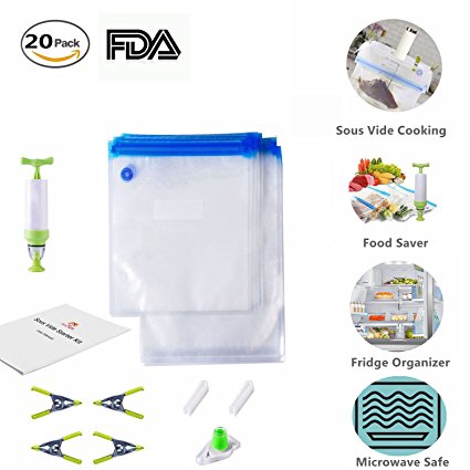 Sous Vide Bags Kit for Anova and Joule Cookers - 20 BPA Free Food Vacuum Sealed Bags, 1 Hand Pump, 2 Bag Sealing Clips and 4 Sous Vide Clips, Practical for Food Storage & Sous Vide Cooking