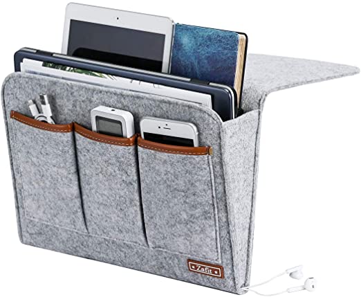 Zafit Bedside Caddy, 6 Pockets Large Size Bedside Storage Organizer Bedside Organizer Caddy for Magazine Remotes Phone (13.4'' x 18.1'', Light Grey)