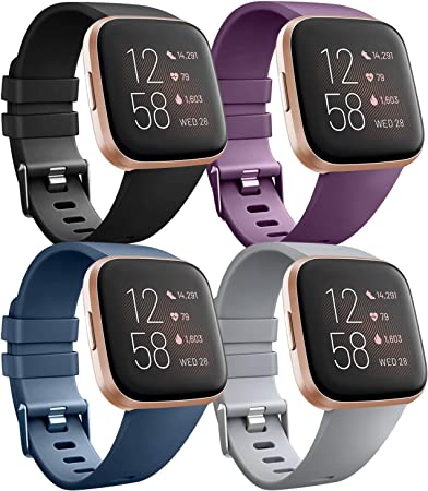 4 Pack Bands Compatible with Fitbit Versa 2 / Fitbit Versa/Versa Lite/Versa SE, Classic Soft Silicone Replacement Wristbands Straps for Fitbit Versa 2 Smart Watch Women Men