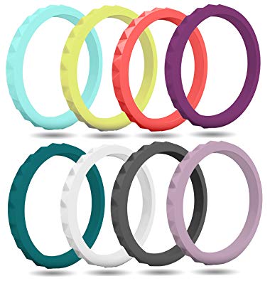 FluxActive Silicone Wedding Ring for Women, 8 Band Pack, Thin Stackable Rubber Bands - Diamond Pattern Rings