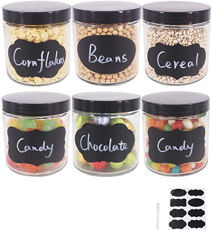 BPFY 6 Pack 16 oz Glass Jars With Plastic Lids, Glass Kitchen Canisters Cabinet, Pantry Organization, Food Storage Jars for Flour, Sugar, Coffee, Candy, Snacks, 8 Chalk Labels, 1 Pen