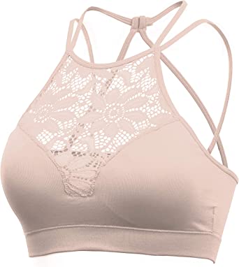 Womens Every Day High Neck Lace Halter Cutout Bralette with Bra Pads Back Strap