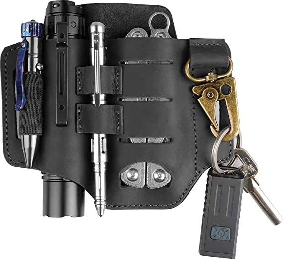 VIPERADE PJ16 Leather Sheath for Belt, EDC Belt Organizer, Knife Leather Sheath for Men, Multitool Sheath for Men, Flashlight Holster EDC Pocket Organizer with Key Holder