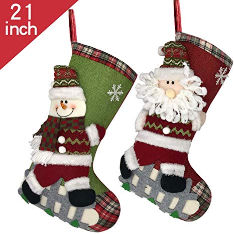 ETERAMUS 21 inch Plaid Christmas Stockings Set of 2,Large Burlap Xmas Socks 2 Pack with Snowflake,3D Plush Santa,Felt Snowman,Tree for Family Holiday Hanging. (2, 21)