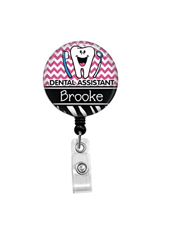 Dental Assistant Personalized Clip on Badge ID Holder with Retractable Reel