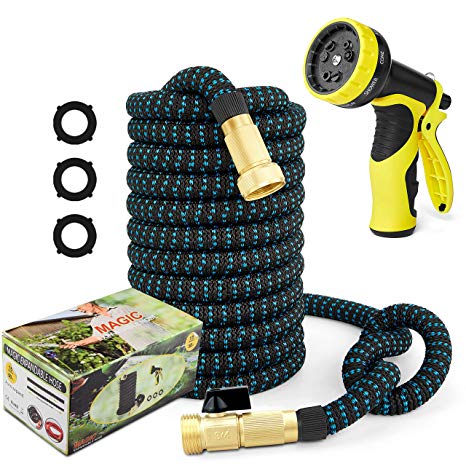 50ft Garden Hose Expandable Water Hose, 3/4” Solid Brass Fittings & 9 Function Spray Nozzle & Extra Strength Fabric 3-Layers Latex Core, Lightweight Flexible Pocket Hoses for Lawn Plants Car Washing