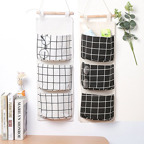 Wall Mounted 3 Bags Storage Bag Over the Door Storage Pockets Fabric Wall Door Closet Hanging Storage Bag Organizer 2 Packs for Room Toilet (Black white)