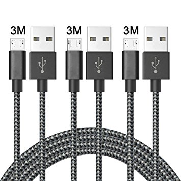 ONSON Micro USB Cable,3Pack 3m/10ft Extra Long Nylon Braided High Speed USB to Micro USB Fast Charging Cables Android Charger Lead for Samsung Galaxy S7 Edge/S6/S5/S4,Note 5/4/3,HTC,LG(Black White)