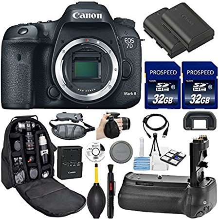 Canon EOS 7D Mark II DSLR Camera (Body Only). Kit Includes, 2Pcs 32GB Commander MemoryCard   Battery Grip   Extra Battery   Backpack Case   Grip Strap   Air Blower   Cleaning Kit