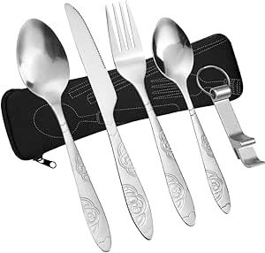 Vicloon Camping Cutlery Set, 5PCS Stainless Steel Flatware Set with Bottle Opener, Travel Cutlery Set Spoon Knife and Fork for Camping Picnic Office School Lunch, Black