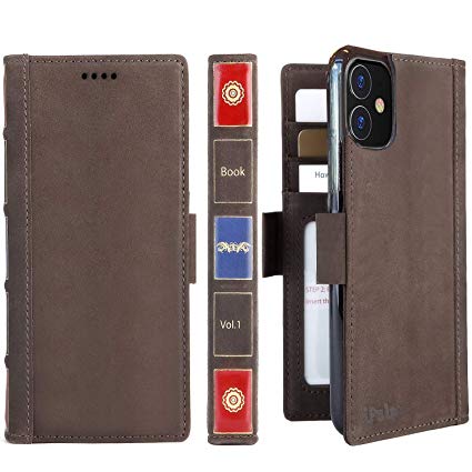 iPulse Vintage Bookl for iPhone 11 Case Full Grain Real Leather Flip Folio Wallet Case for iPhone 11 with Magnetic Closure and Kickstand - Retro Brown
