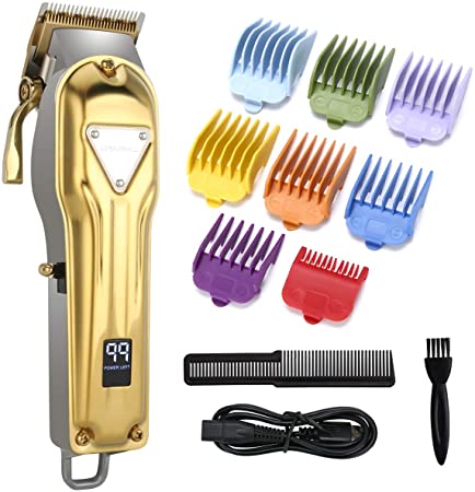 Hair Clippers for Men Pro Rechargeable Cordless Hair Trimmer Cutting Kit with USB Charger 8 Colorful Clipper Guide Combs for Barbers and Stylists（Metal Gold）