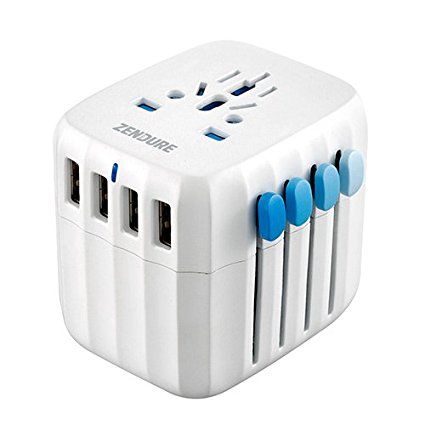 International Travel Adapter, Zendure Passport Universal Wall Charger Travel Adapter All in One Wall AC Power Plug Adapter with 4 USB Charging Ports for USA EU UK AUS Cell Phone Laptop - White