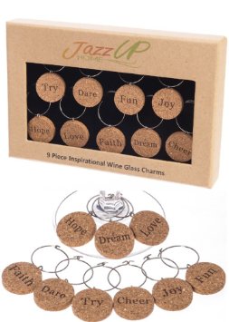 Inspirational Wine Charms Gift Set | 9 Corked Cocktail or Wine Glass Markers w/ Motivational Words