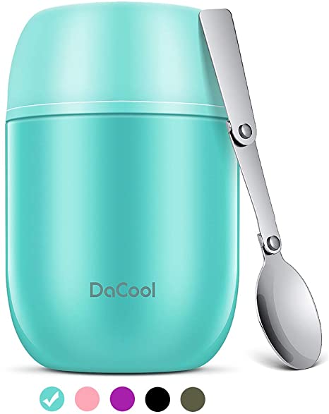 DaCool Food Jar Vacuum Insulated Double Wall Stainless Steel 16 Ounce Bento Lunch Box Portable Food Storage Container with Spoon Leak Proof Double Lids for Hot & Cold Food for Kids Adult Cyan Blue