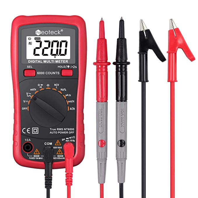 Neoteck Auto-Ranging TRMS 6000 Counts Digital Multimeter, AC/DC Amp Ohm Voltage Tester with Capacitance Frequency Resistance Continuity and Diode Test- Red