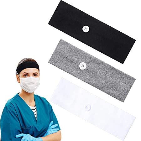 3 Pieces Cotton Button Headband Ear Protection Holder Yoga Hairband Headwrap for Face Cover, Multifunctional Hair Band for Nurse Doctor (Black, White, Gray)