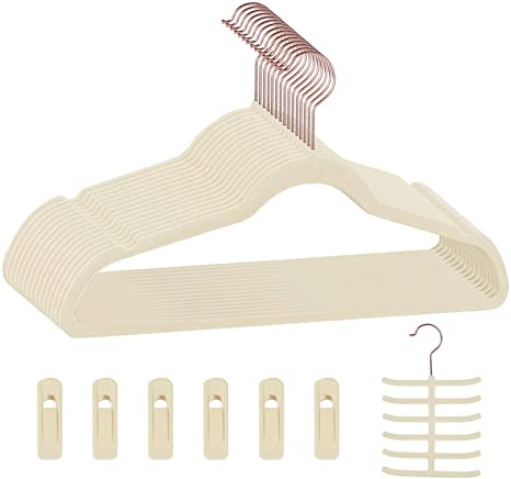 VECELO Premium Velvet Suit Heavy Duty (50 Pack) -Non Slip & Space-Saving Clothes Hangers with 6 Finger Clips and Tie Rack Excellent for Men and Women (Beige)