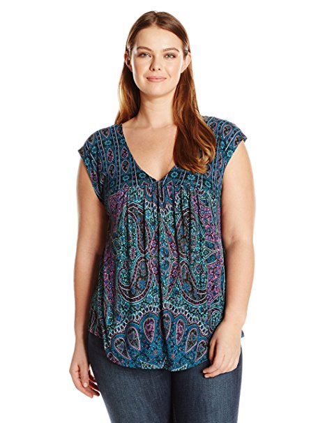 Lucky Brand Women's Plus Size Flutter Hem Tank Top, Blue Multi, 2X