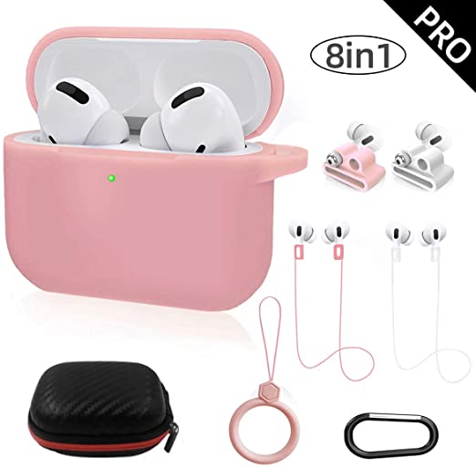 Airpods Pro Case Cover, TOLUOHU Airpods Pro Accessories 8 in 1 kit, Silicone Cover for Apple Airpod Gen3 with Ring/Watch Band Airpods Pro Holder/Keychain/Carrying Box (Pink)