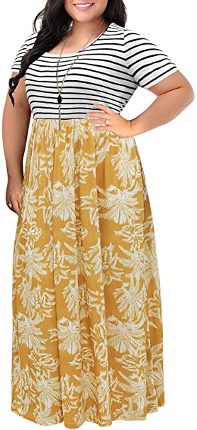 Nemidor Women's Chevron Print Summer Short Sleeve Plus Size Casual Maxi Dress