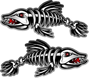 ProSticker 1500 (Two, A Right and a Left Facing) 3" X 7" Fishing Art Series Fish Skeleton Decals Sticker